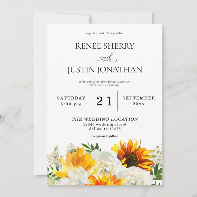 Invitation Tournesol & Rose blanche Floral Mariage 2 Invitati (Devant)