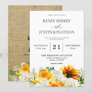 Invitation Tournesol & Rose Blanche Mariage Floral - Burlap 2