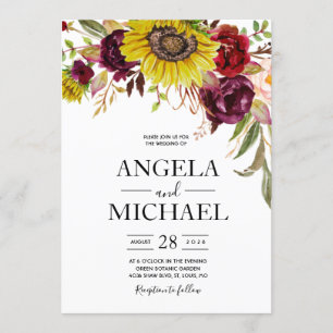 Invitation Tournesol Rose Bourguignon Rouge Blush Peony Rose
