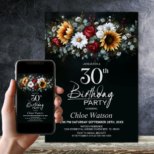 Invitation Tournesol Rose Floral Noir Fête d'anniversaire 30
