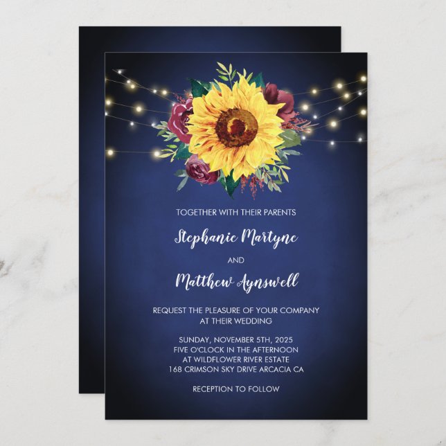 Invitation Tournesol Roses de Bourgogne Lumières Mariage Bleu (Devant / Derrière)