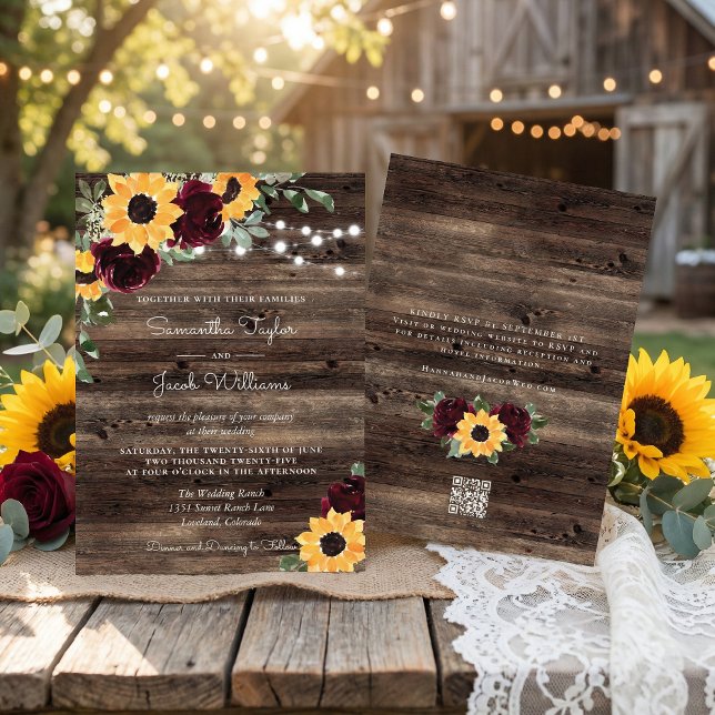 Invitation Tournesol Roses Grange Code QR Mariage (Créateur téléchargé)