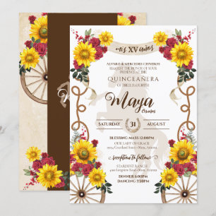 Invitation Tournesol & Roses Rouges Rustique Charro Quinceane