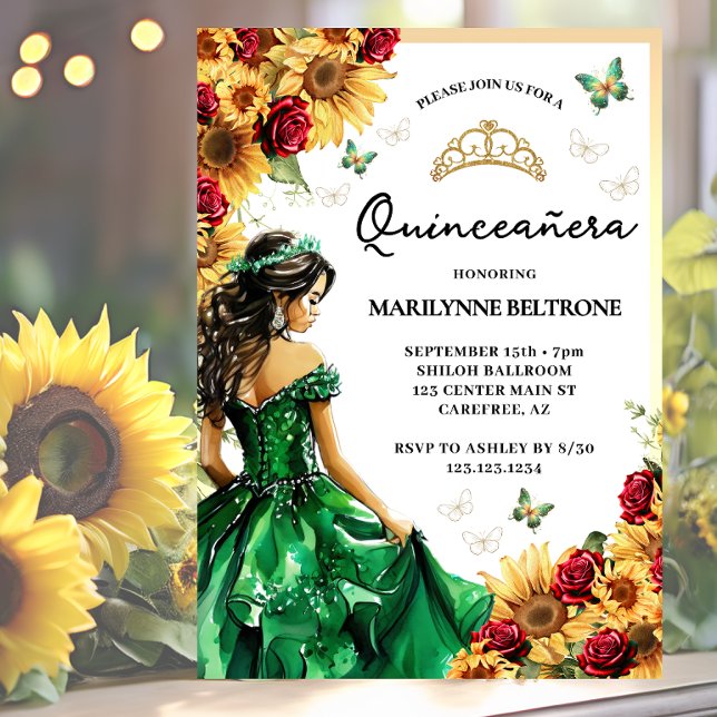 Invitation Tournesol Rouge Roses Vert Princesse Quinceañera (Créateur téléchargé)