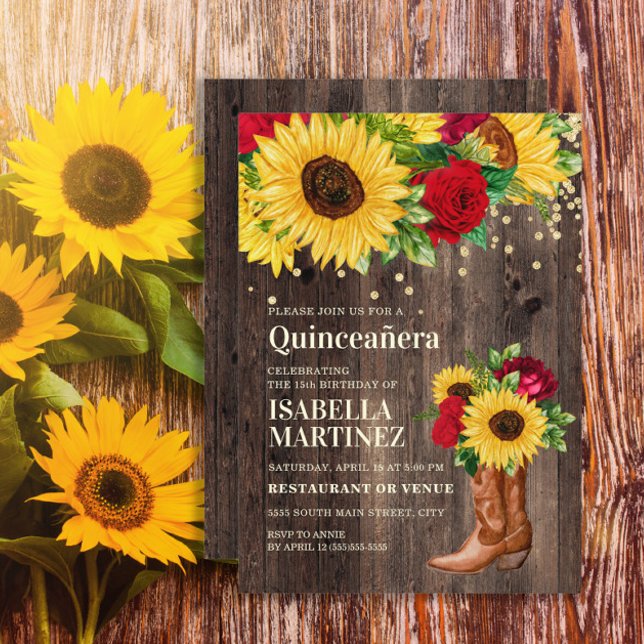Invitation Tournesol Russe Roses Rouges Bottes Quinceañera (Sunflowers, red roses, and cowgirl boots on rustic wood Quinceanera invitation)