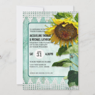 Invitation Tournesol Rustique Aqua Bleu Blanc dentelle Jardin