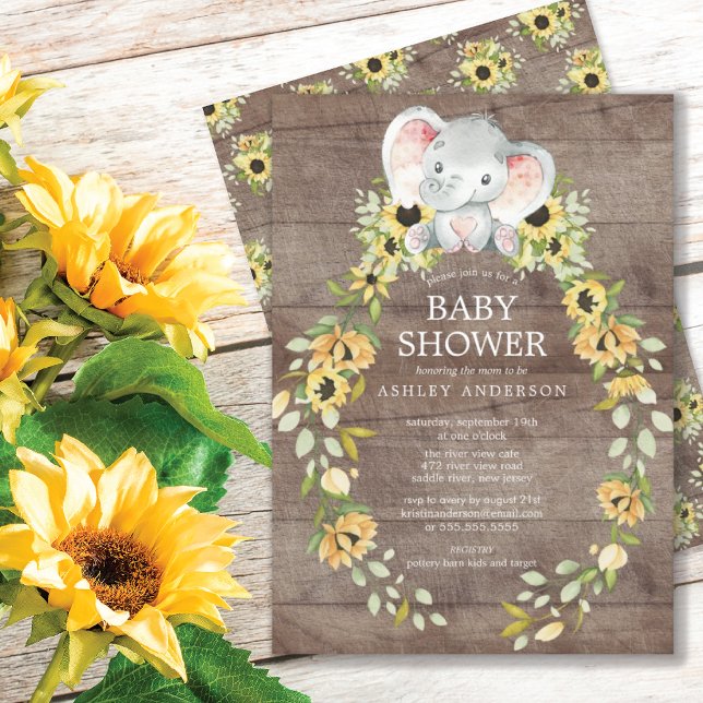 Invitation Tournesol rustique & Baby shower bébé Elephant Gir (Créateur téléchargé)