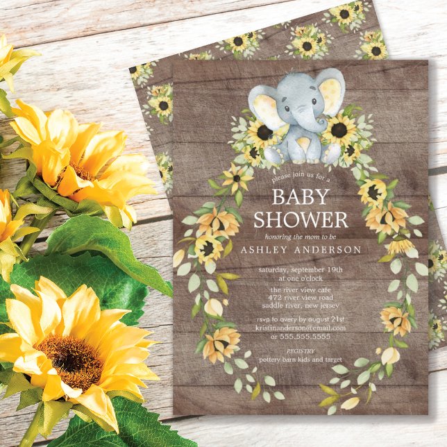 Invitation Tournesol rustique & Baby shower éléphant bébé (Créateur téléchargé)