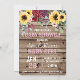 Invitation Tournesol rustique / Baby shower Floral Rose