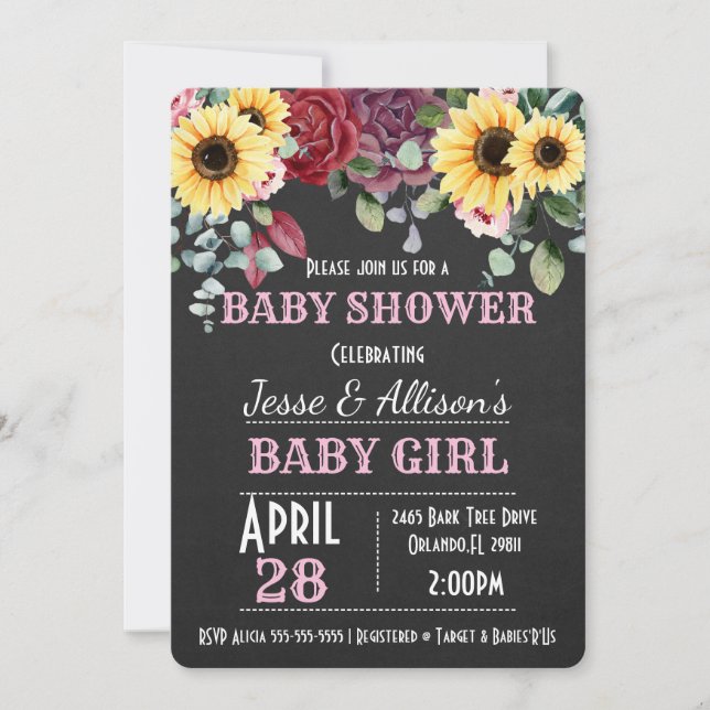 Invitation Tournesol rustique / Baby shower Floral Rose Invit (Devant)