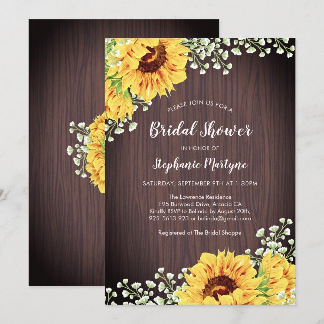 Invitation Tournesol rustique blanc Fête des mariées en bois  (Devant / Derrière)