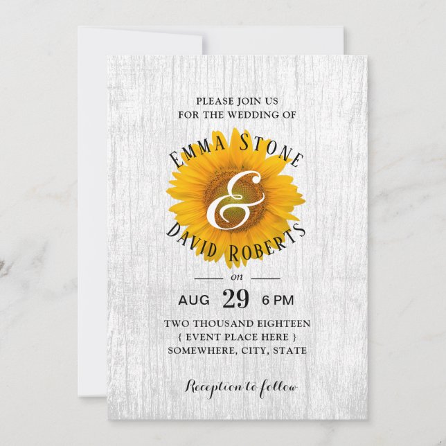 Invitation Tournesol Rustique blanc Mariage en bois de grange (Devant)