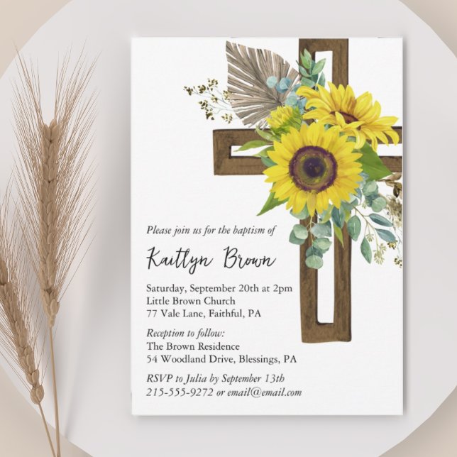 Invitation Tournesol Rustique Boho Boho Boisé Croix Baptême (Créateur téléchargé)