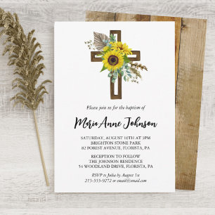 Invitation Tournesol Rustique Boho Boho Boisé Croix Baptême