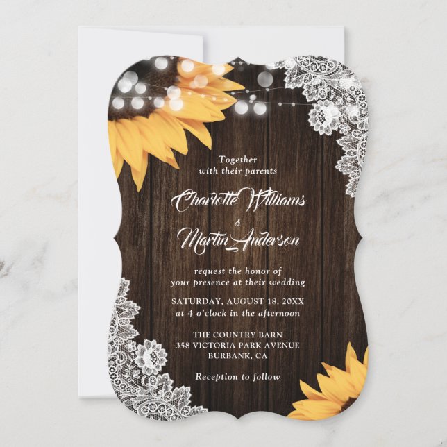 Invitation Tournesol Rustique Bois Floral Mariage dentelle (Devant)