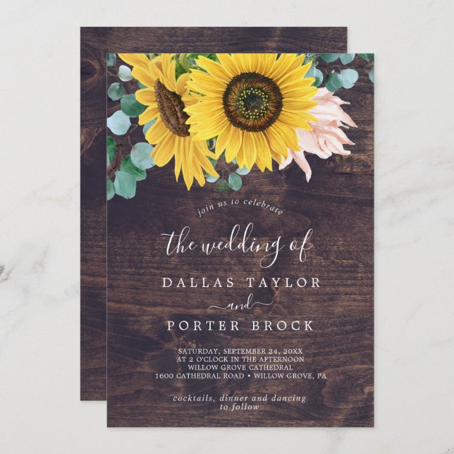 Invitation Tournesol rustique | Bois tout en un Mariage (Devant / Derrière)