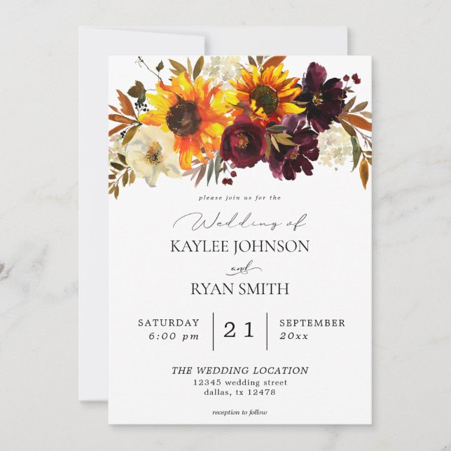 Invitation Tournesol Rustique & Bourgogne, Mariage Floral Vio (Devant)