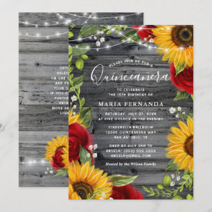 Invitation Tournesol Rustique Bourgogne Rose Bois Quinceanera