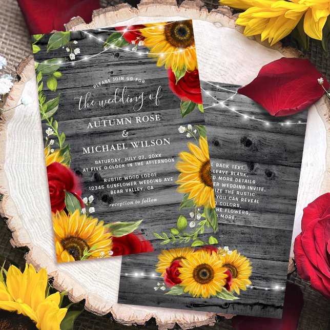 Invitation Tournesol rustique Bourgogne Rouge Rose Mariage (Personalized rustic wood, burgundy red rose sunflower wedding invitations for your big day!)