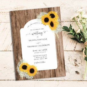 Invitation Tournesol Rustique Cadre Floral Bois Mariage éléga