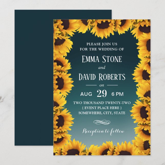 Invitation Tournesol Rustique Cadre Floral Mariage Turquoise (Devant / Derrière)