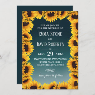 Invitation Tournesol Rustique Cadre Floral Mariage Turquoise