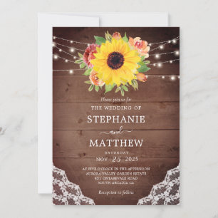 Invitation Tournesol Rustique Corail Floral Lumières Mariage