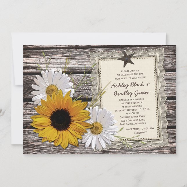 Invitation Tournesol rustique Daisy Mariage en bois dentelle (Devant)