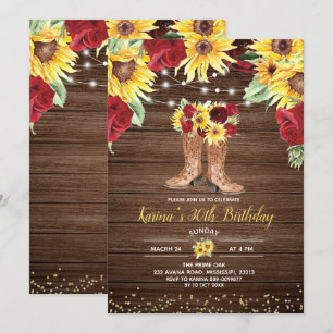 Invitation Tournesol rustique et bottes Roses Anniversaire