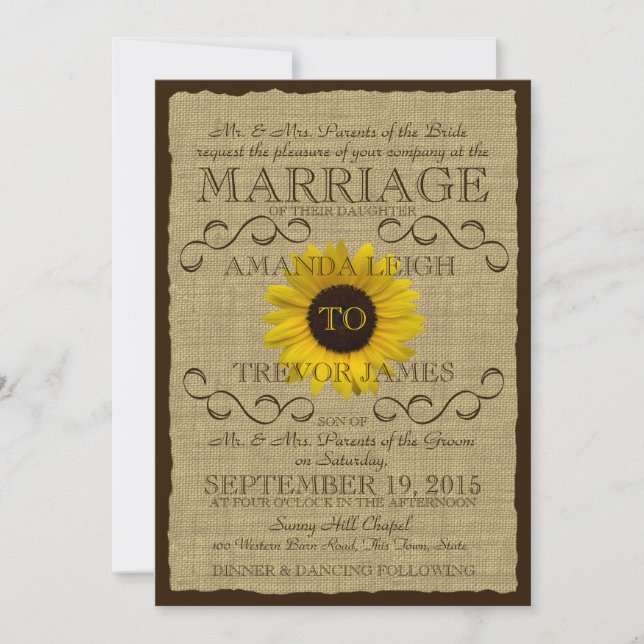 Invitation Tournesol rustique et Mariage Burlap (Devant)
