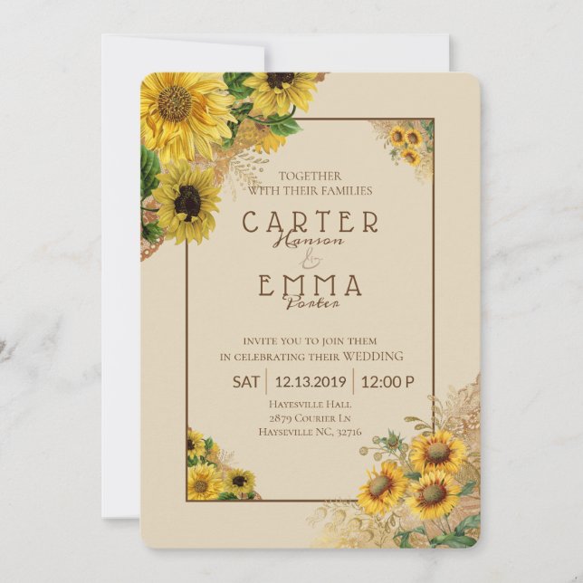 Invitation Tournesol rustique et Mariage campagnard beige den (Devant)