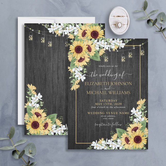 Invitation Tournesol rustique et Mariage de fleurs de bois gr (Créateur téléchargé)