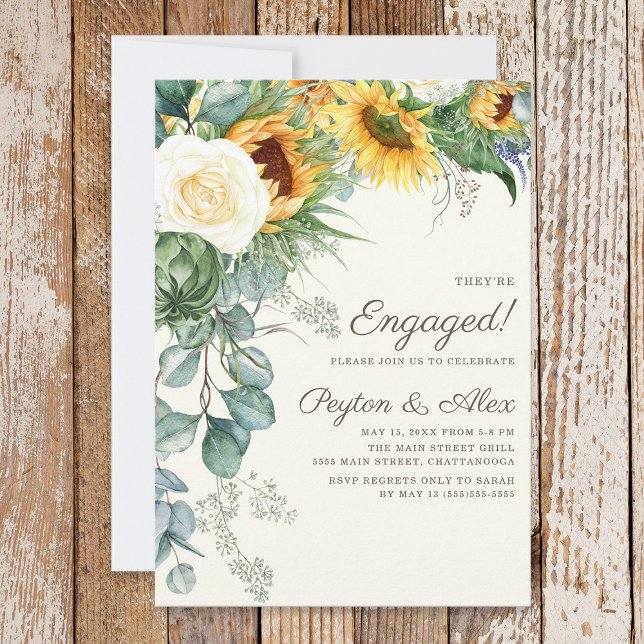 Invitation Tournesol rustique Eucalyptus Blanc Roses Fiançail (Sunflowers and eucalyptus engagement party invitation)