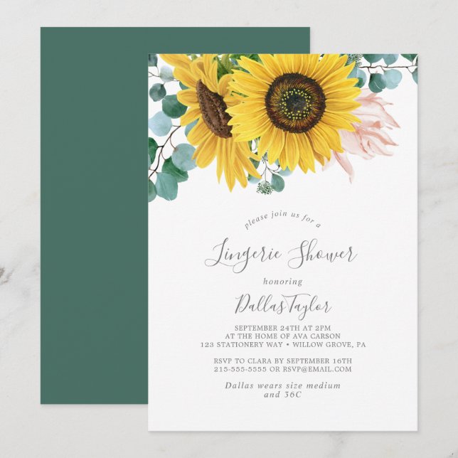 Invitation Tournesol rustique Eucalyptus Lingerie Douche (Devant / Derrière)