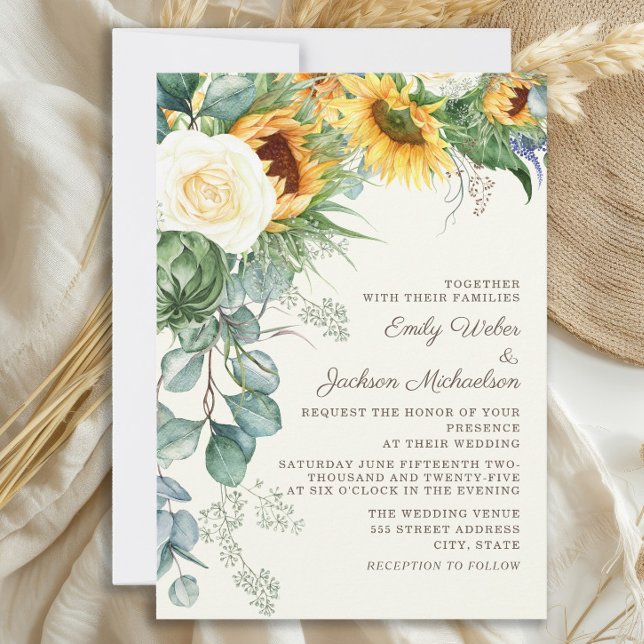 Invitation Tournesol rustique Eucalyptus White Roses Mariage (Elegant sunflowers and eucalyptus wedding invitation)