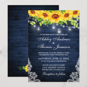 Invitation Tournesol Rustique Floral Bleu Bois Jar Lumières d