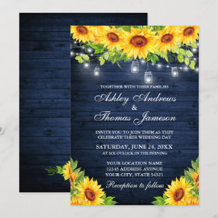 Invitation Tournesol Rustique Floral Bleu Bois Mason Lumières