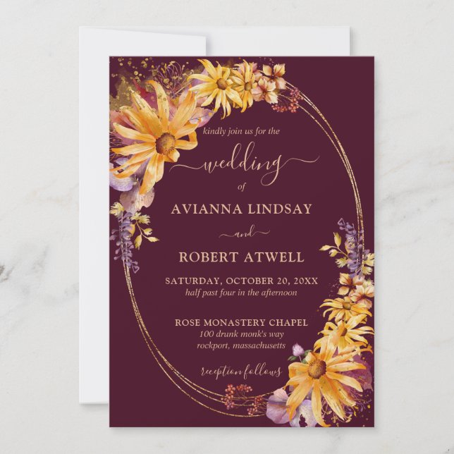 Invitation Tournesol Rustique Floral Bourgogne Mariage or (Devant)