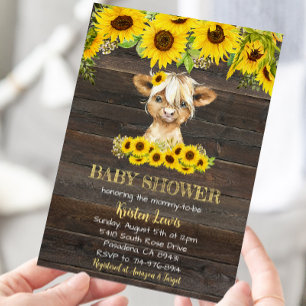 Invitation Tournesol Rustique Floral Highland Baby shower de