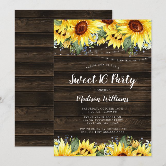 Invitation Tournesol Rustique Floral Lights Sweet 16 (Devant / Derrière)