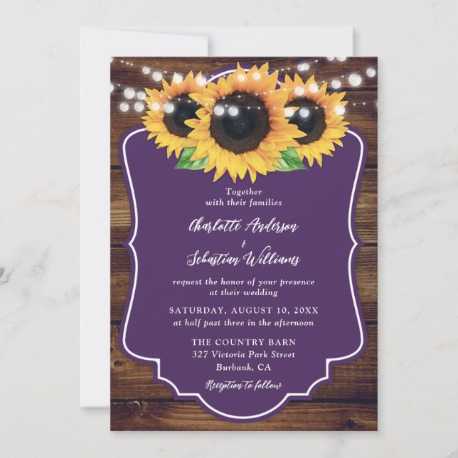 Invitation Tournesol Rustique Floral Violet Mariage (Devant)