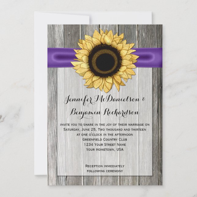 Invitation Tournesol rustique Grange Bois pourpre Ruban (Devant)