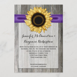 Invitation Tournesol rustique Grange Bois pourpre Ruban