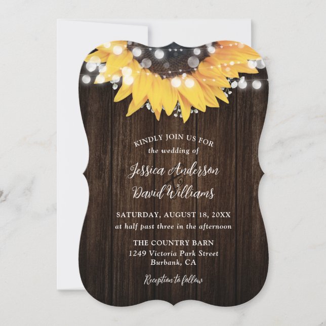 Invitation Tournesol Rustique Grange Mariage en bois (Devant)