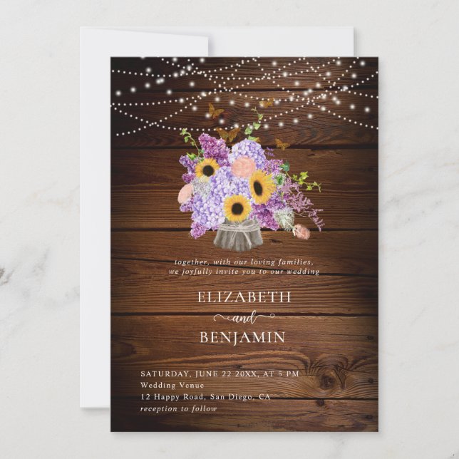 Invitation Tournesol Rustique Hydrangea Lilac Mariage chic en (Devant)