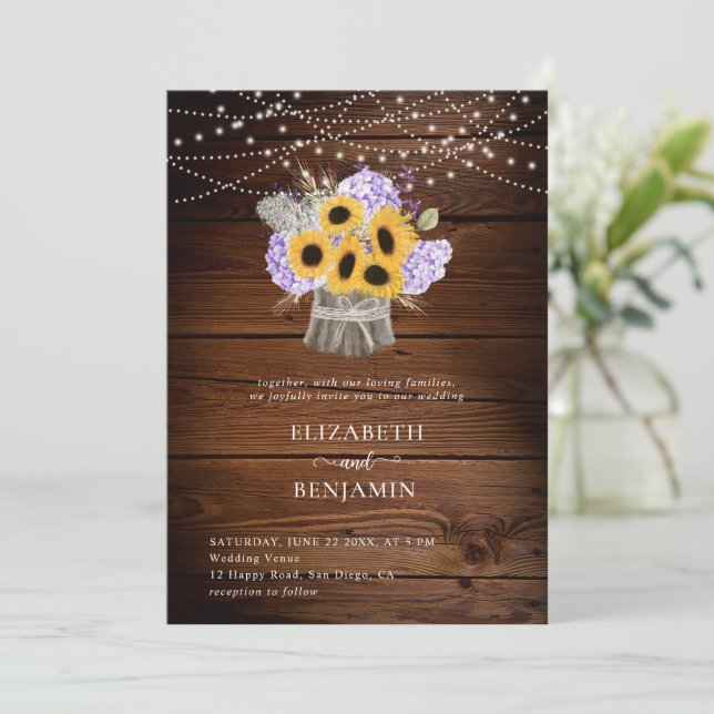 Invitation Tournesol rustique Hydrangea Mariage Floral Bois (Debout devant)