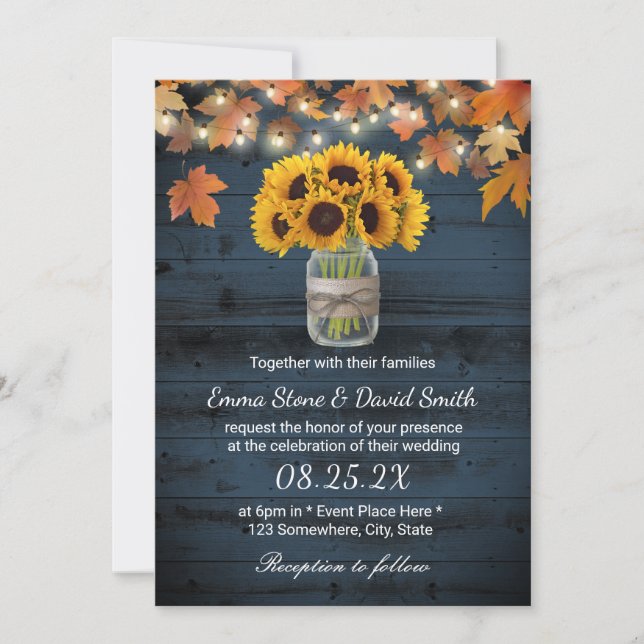 Invitation Tournesol rustique Jar Marine Barne Mariage de aut (Devant)