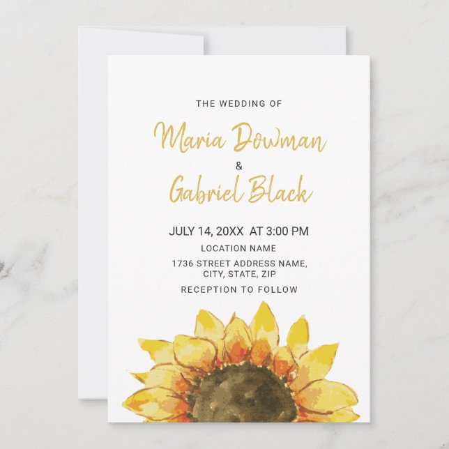 Invitation Tournesol rustique jaune. Mariage simple et chic (Devant)