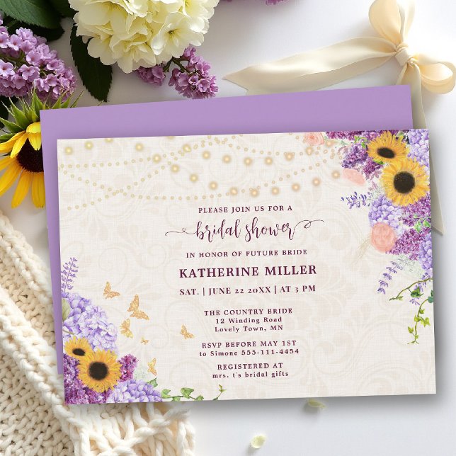 Invitation Tournesol Rustique Lilac Fête des mariées de lin b (bridal shower invitation sunflower lilac hydrangea butterflies barn outdoors garden backyard rustic)