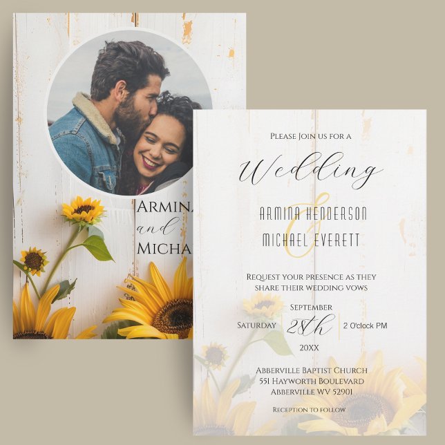 Invitation Tournesol Rustique Mariage Bois de Grange Blanc Ph (A rustic white barn wood wedding invitation with sunflowers, elegant script fonts, and a photo.)